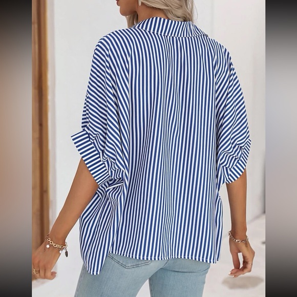 Classic Oversized Loose Fit Stripe Batwing Sleeve Button Down Shirt Top - Picture 9 of 14